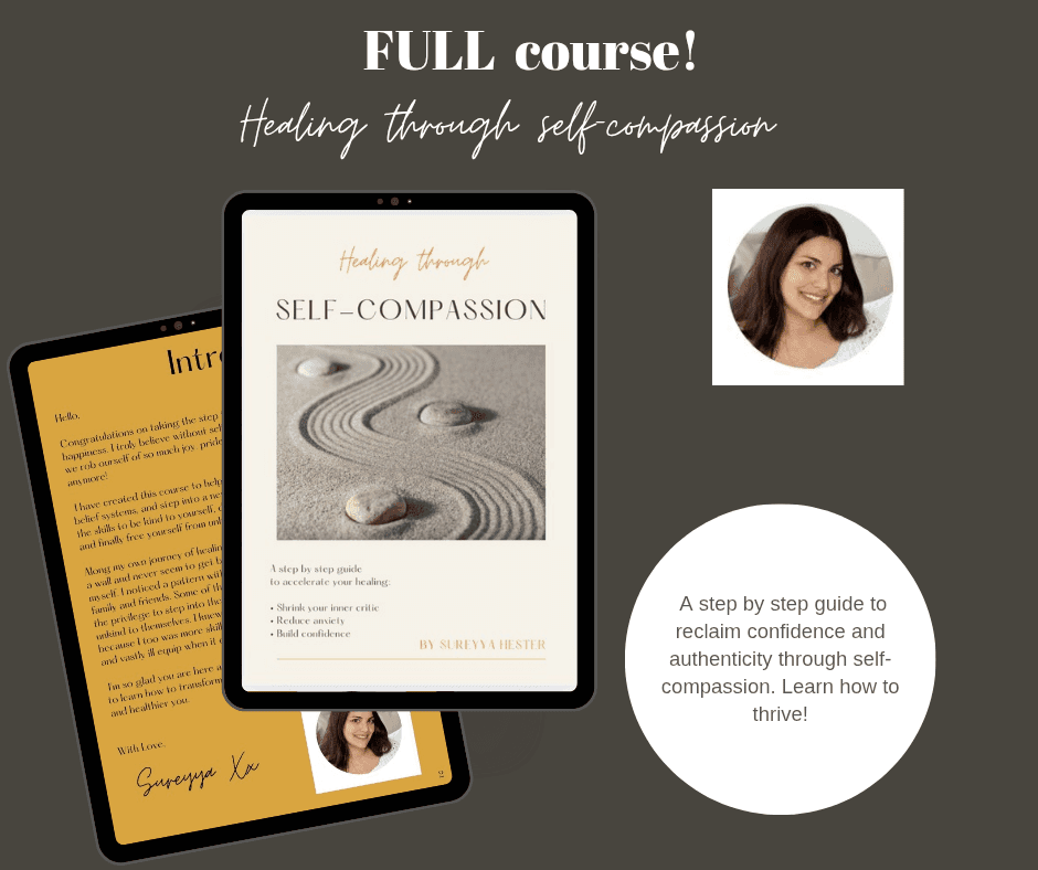 Healing Through Self-Compassion course shown on a tablet mock-up